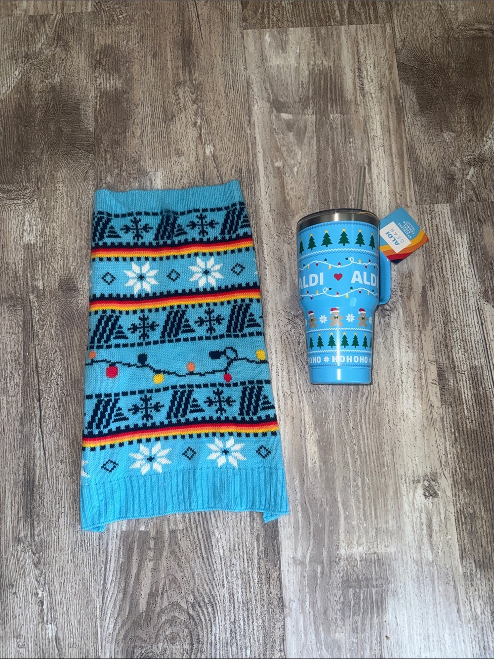 Aldi Blue Holiday Knit dog sweater with Snowflake & Lights Pattern and cup!